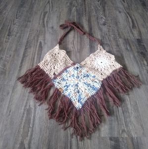 Crochet Knit Boho Halter Top Fringed Neck and Back Tie Size Med Retro